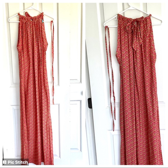 Maxi Dress Red/Green/Dark Pink Geometric Print Large by Escapada - Picture 3 of 10